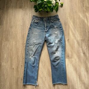 AGOLDE Riley‎ Crop Jeans Womens Size 26 Blue High Rise Denim Button Fly Raw Hem